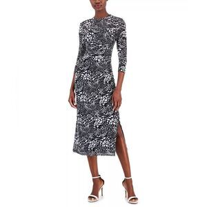 Anne Klein Dress Women’s Large Animal Print Mesh Ruched 3/4 Sleeve Midi NWT